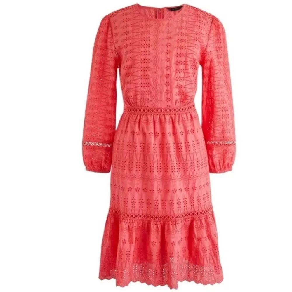 J. Crew Eyelet Embroidery Flutter-Hem Dress In Coral Color Size 8